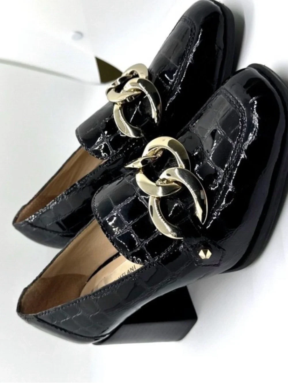 ANTONIO MELANI Black Patent Croc-Embossed Chain Loafers